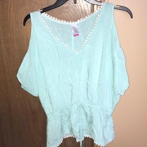 Teal blouse with shoulder cut outs and strings